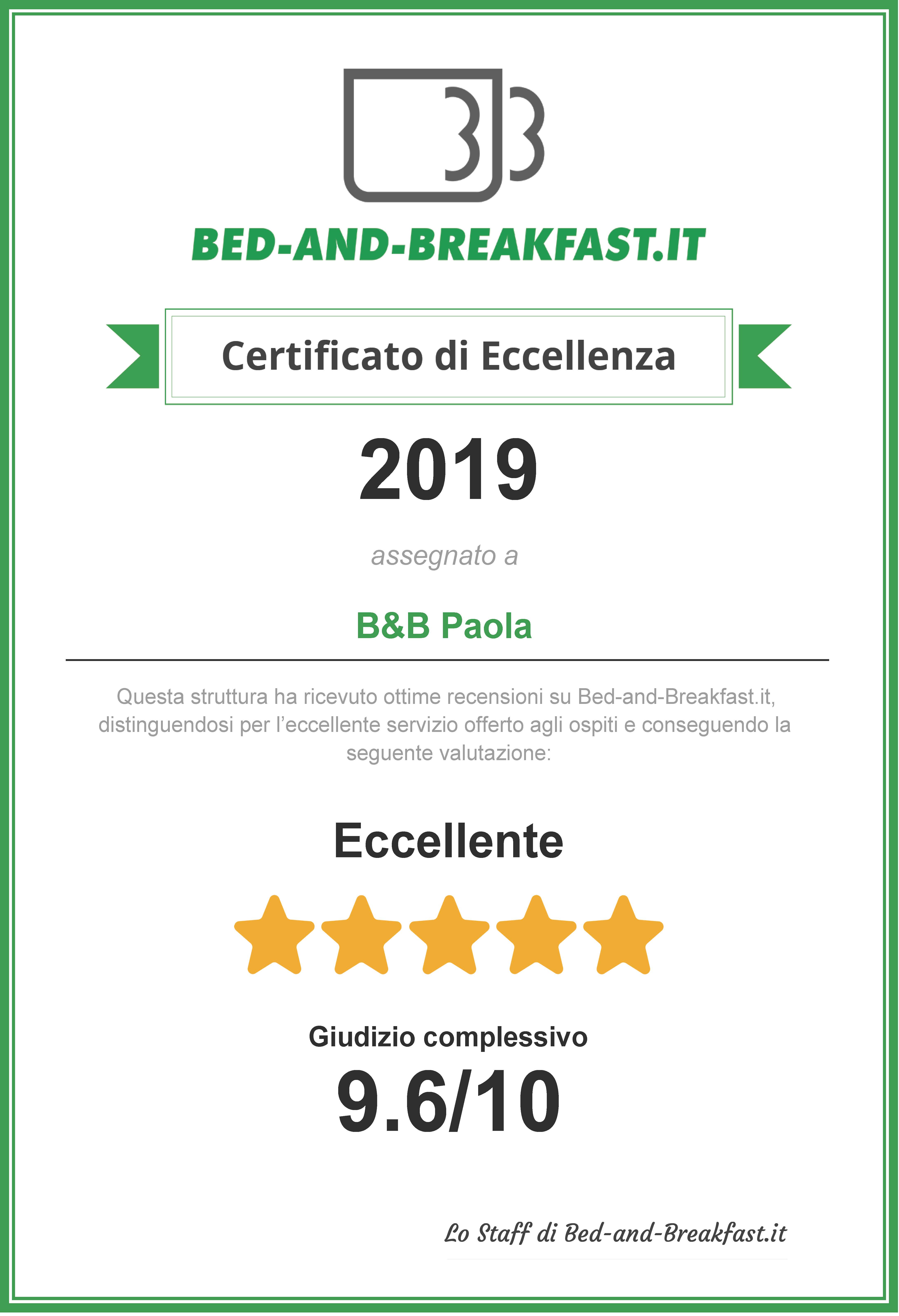 certificato eccellenza BED-AND-BRAKFAST
